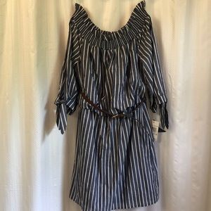Off the shoulder dress with matching belt, size M